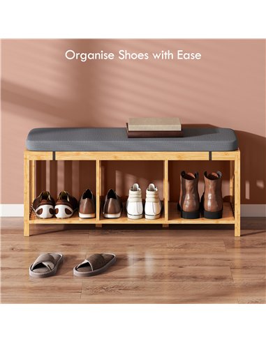 HOMCOM Bamboo Shoe Bench, Entryway Storage Bench with Padded Cushion and Open Shelf, Natural Wood Finish