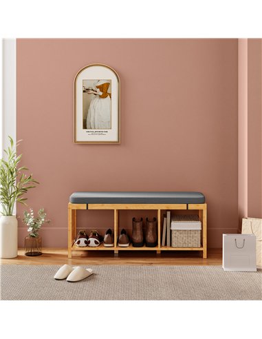 HOMCOM Bamboo Shoe Bench, Entryway Storage Bench with Padded Cushion and Open Shelf, Natural Wood Finish