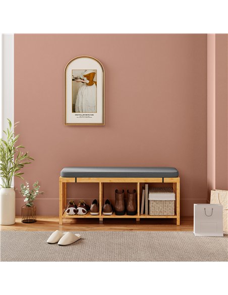 HOMCOM Bamboo Shoe Bench, Entryway Storage Bench with Padded Cushion and Open Shelf, Natural Wood Finish - pic 190774 | FastDaddyshop