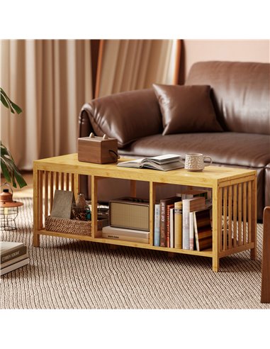 HOMCOM Bamboo Shoe Bench, Entryway Storage Bench with Padded Cushion and Open Shelf, Natural Wood Finish