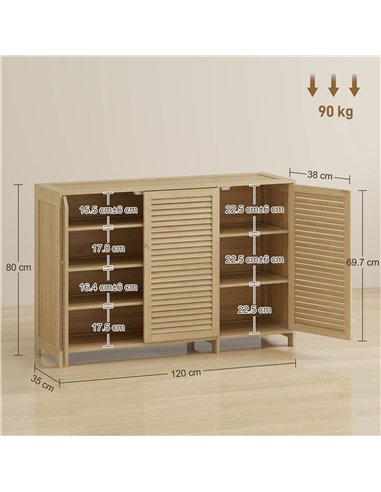 HOMCOM Bamboo Shoe Cabinet with Louvered Doors, 18 Pairs Shoe Storage Cabinet with Adjustable Shelves for Hallway, Natural
