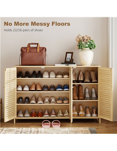 HOMCOM Bamboo Shoe Cabinet with Louvered Doors, 18 Pairs Shoe Storage Cabinet with Adjustable Shelves for Hallway, Natural