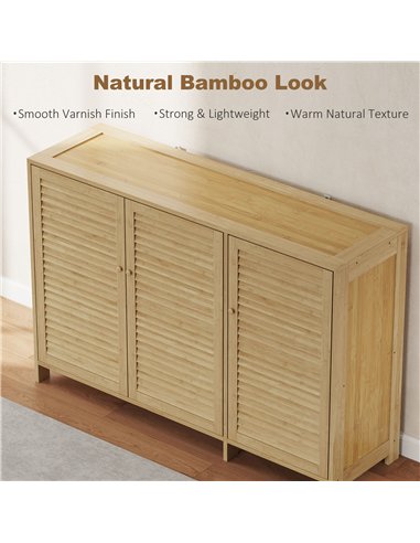 HOMCOM Bamboo Shoe Cabinet with Louvered Doors, 18 Pairs Shoe Storage Cabinet with Adjustable Shelves for Hallway, Natural