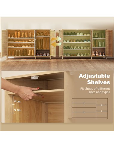 HOMCOM Bamboo Shoe Cabinet with Louvered Doors, 18 Pairs Shoe Storage Cabinet with Adjustable Shelves for Hallway, Natural