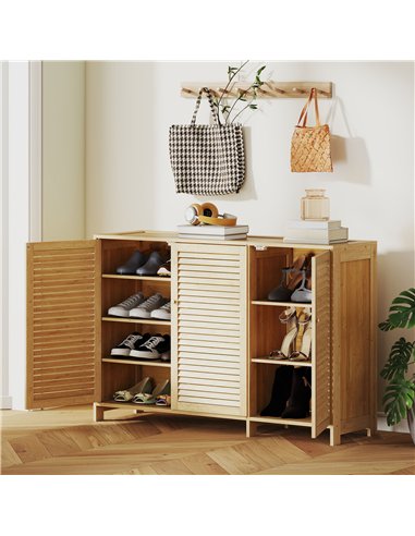 HOMCOM Bamboo Shoe Cabinet with Louvered Doors, 18 Pairs Shoe Storage Cabinet with Adjustable Shelves for Hallway, Natural