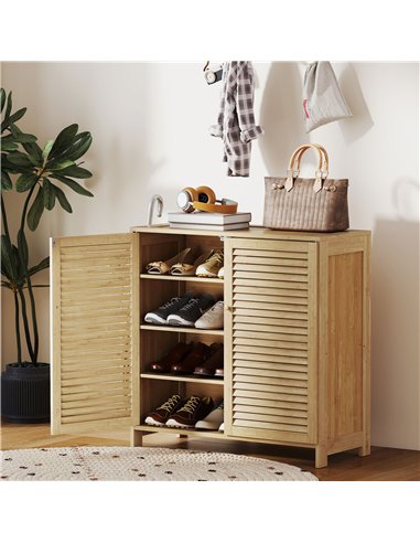 HOMCOM Bamboo Shoe Cabinet with Louvered Doors, 14 Pairs Shoe Storage Cabinet with Adjustable Shelves for Hallway, Natural