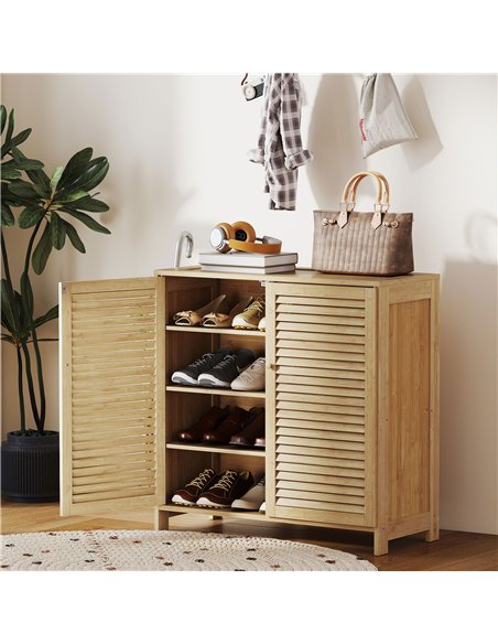 HOMCOM Bamboo Shoe Cabinet with Louvered Doors, 14 Pairs Shoe Storage Cabinet with Adjustable Shelves for Hallway, Natural - pic 190787 | FastDaddyshop