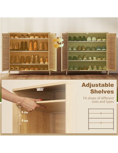 HOMCOM Bamboo Shoe Cabinet with Louvered Doors, 14 Pairs Shoe Storage Cabinet with Adjustable Shelves for Hallway, Natural