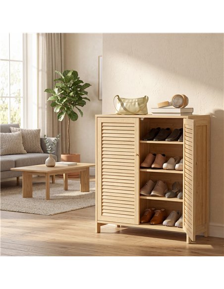 HOMCOM Bamboo Shoe Cabinet with Louvered Doors, 14 Pairs Shoe Storage Cabinet with Adjustable Shelves for Hallway, Natural - pic 190793 | FastDaddyshop