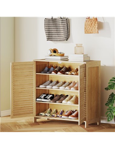 HOMCOM Bamboo Shoe Cabinet with Louvered Doors, 14 Pairs Shoe Storage Cabinet with Adjustable Shelves for Hallway, Natural