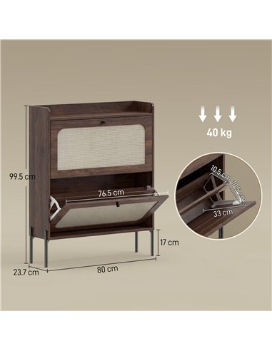 HOMCOM Shoe Cabinet with 2 Flip Drawers, Boho Narrow Shoe Storage Cabinet, Dark Brown