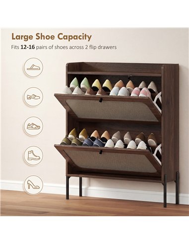HOMCOM Shoe Cabinet with 2 Flip Drawers, Boho Narrow Shoe Storage Cabinet, Dark Brown