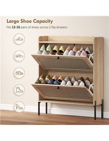 HOMCOM Shoe Cabinet with 2 Flip Drawers, Boho Narrow Shoe Storage Cabinet, Oak
