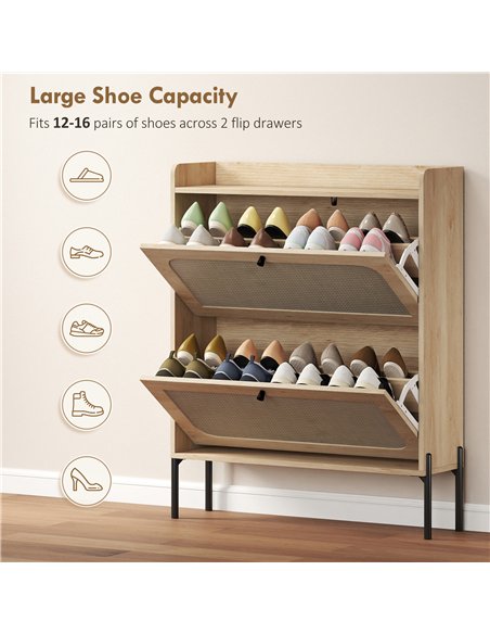 HOMCOM Shoe Cabinet with 2 Flip Drawers, Boho Narrow Shoe Storage Cabinet, Oak - pic 190808 | FastDaddyshop