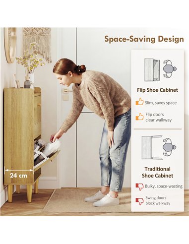 HOMCOM Narrow Shoe Cabinet, Modern Shoe Storage Cabinet with 2 Flip Drawers, Oak
