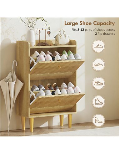 HOMCOM Narrow Shoe Cabinet, Modern Shoe Storage Cabinet with 2 Flip Drawers, Oak