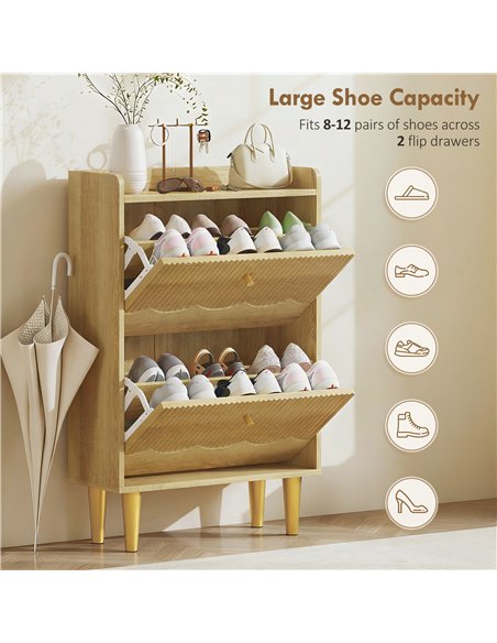 HOMCOM Narrow Shoe Cabinet, Modern Shoe Storage Cabinet with 2 Flip Drawers, Oak - pic 190817 | FastDaddyshop