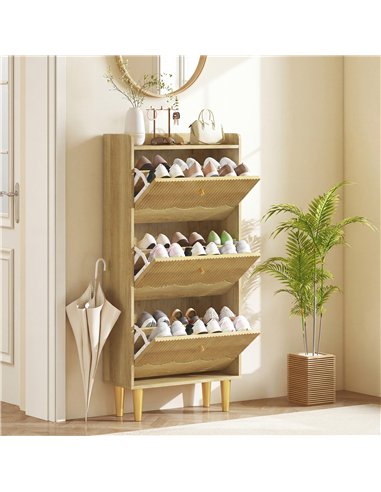 HOMCOM Narrow Shoe Cabinet, Modern Shoe Storage Cabinet with 3 Flip Drawers, Oak