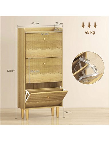 HOMCOM Narrow Shoe Cabinet, Modern Shoe Storage Cabinet with 3 Flip Drawers, Oak