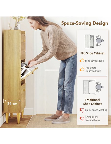 HOMCOM Narrow Shoe Cabinet, Modern Shoe Storage Cabinet with 3 Flip Drawers, Oak - pic 190825 | FastDaddyshop