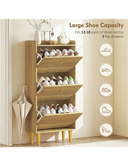 HOMCOM Narrow Shoe Cabinet, Modern Shoe Storage Cabinet with 3 Flip Drawers, Oak - pic 190826 | FastDaddyshop