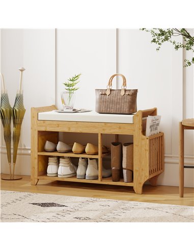 HOMCOM Shoe Bench 2-Tier Boot Section Entryway Storage Bench Cushioned Seat 80 x 30 x 50 cm Natural and Cream