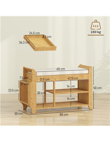 HOMCOM Shoe Bench 2-Tier Boot Section Entryway Storage Bench Cushioned Seat 80 x 30 x 50 cm Natural and Cream