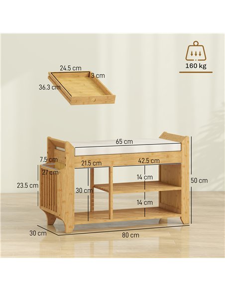 HOMCOM Shoe Bench 2-Tier Boot Section Entryway Storage Bench Cushioned Seat 80 x 30 x 50 cm Natural and Cream - pic 190833 | FastDaddyshop