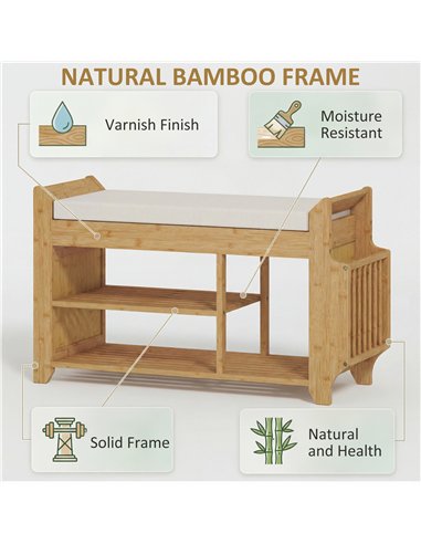 HOMCOM Shoe Bench 2-Tier Boot Section Entryway Storage Bench Cushioned Seat 80 x 30 x 50 cm Natural and Cream