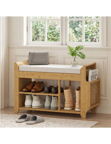 HOMCOM Shoe Bench 2-Tier Boot Section Entryway Storage Bench Cushioned Seat 80 x 30 x 50 cm Natural and Cream - pic 190838 | FastDaddyshop