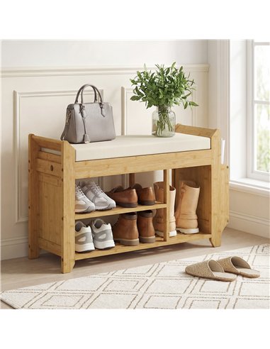 HOMCOM Shoe Bench 2-Tier Boot Section Entryway Storage Bench Cushioned Seat 80 x 30 x 50 cm Natural and Cream