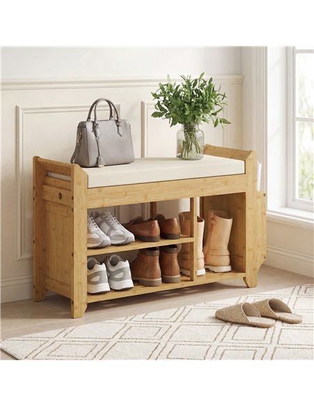 HOMCOM Shoe Bench 2-Tier Boot Section Entryway Storage Bench Cushioned Seat 80 x 30 x 50 cm Natural and Cream - pic 190839 | FastDaddyshop