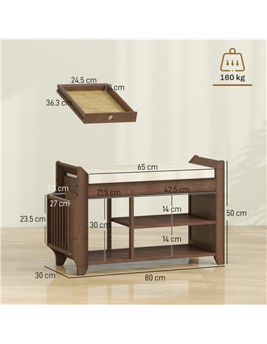 HOMCOM Shoe Bench 2-Tier Boot Section Entryway Storage Bench Cushioned Seat 80 x 30 x 50 cm Dark Brown and Cream