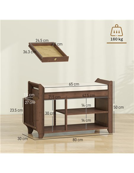 HOMCOM Shoe Bench 2-Tier Boot Section Entryway Storage Bench Cushioned Seat 80 x 30 x 50 cm Dark Brown and Cream - pic 190842 | FastDaddyshop