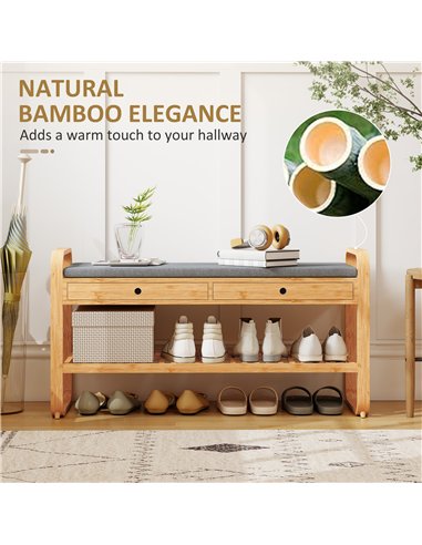 HOMCOM Shoe Bench with 2 Drawers Cushioned Seat Shoe Storage Bench for Hallway 105 cm Natural and Grey