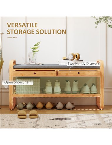 HOMCOM Shoe Bench with 2 Drawers Cushioned Seat Shoe Storage Bench for Hallway 105 cm Natural and Grey