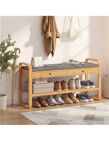 HOMCOM Shoe Bench with 2 Drawers Cushioned Seat Shoe Storage Bench for Hallway 105 cm Natural and Grey