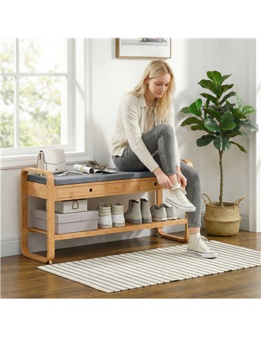 HOMCOM Shoe Bench with 2 Drawers Cushioned Seat Shoe Storage Bench for Hallway 105 cm Natural and Grey