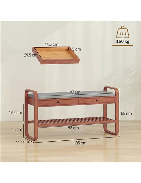 HOMCOM Shoe Bench with 2 Drawers Cushioned Seat Shoe Storage Bench for Hallway 105 cm Dark Brown and Grey - pic 190860 | FastDaddyshop