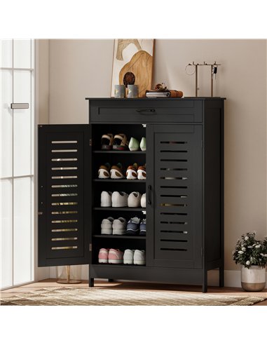 HOMCOM Shoe Cabinet with Louvered Doors, Modern Shoe Storage Cabinet with Drawer and Adjustable Shelves, Black