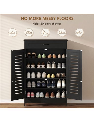 HOMCOM Shoe Cabinet with Louvered Doors, Modern Shoe Storage Cabinet with Drawer and Adjustable Shelves, Black