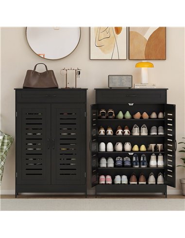 HOMCOM Shoe Cabinet with Louvered Doors, Modern Shoe Storage Cabinet with Drawer and Adjustable Shelves, Black
