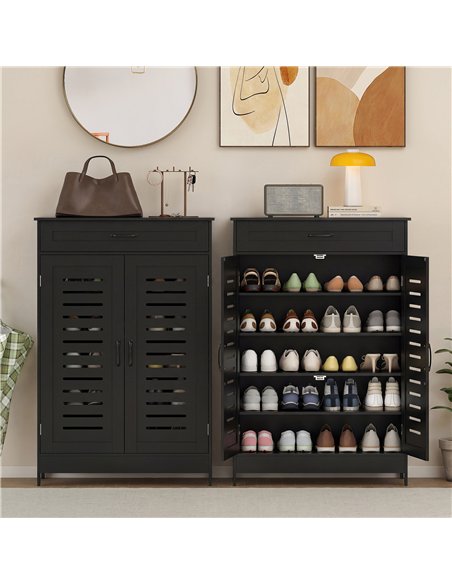 HOMCOM Shoe Cabinet with Louvered Doors, Modern Shoe Storage Cabinet with Drawer and Adjustable Shelves, Black - pic 190874 | FastDaddyshop