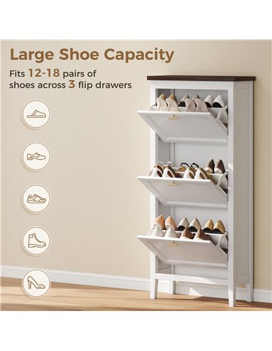 HOMCOM Shoe Cabinet with 3 Flip Drawers, Farmhouse Narrow Shoe Storage Cabinet with Adjustable Shelves, White
