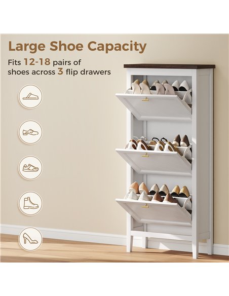 HOMCOM Shoe Cabinet with 3 Flip Drawers, Farmhouse Narrow Shoe Storage Cabinet with Adjustable Shelves, White - pic 190880 | FastDaddyshop