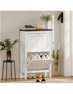 HOMCOM Shoe Cabinet with 2 Flip Drawers, Farmhouse Narrow Shoe Storage Cabinet with Adjustable Shelves, White 2