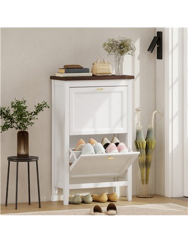 HOMCOM Shoe Cabinet with 2 Flip Drawers, Farmhouse Narrow Shoe Storage Cabinet with Adjustable Shelves, White