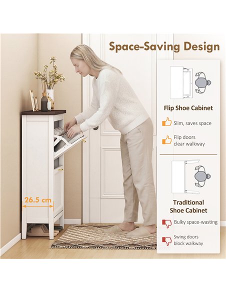 HOMCOM Shoe Cabinet with 2 Flip Drawers, Farmhouse Narrow Shoe Storage Cabinet with Adjustable Shelves, White - pic 190888 | FastDaddyshop