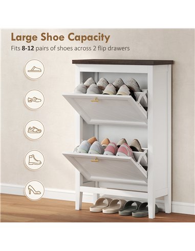 HOMCOM Shoe Cabinet with 2 Flip Drawers, Farmhouse Narrow Shoe Storage Cabinet with Adjustable Shelves, White