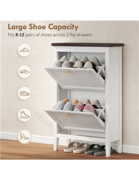 HOMCOM Shoe Cabinet with 2 Flip Drawers, Farmhouse Narrow Shoe Storage Cabinet with Adjustable Shelves, White - pic 190889 | FastDaddyshop